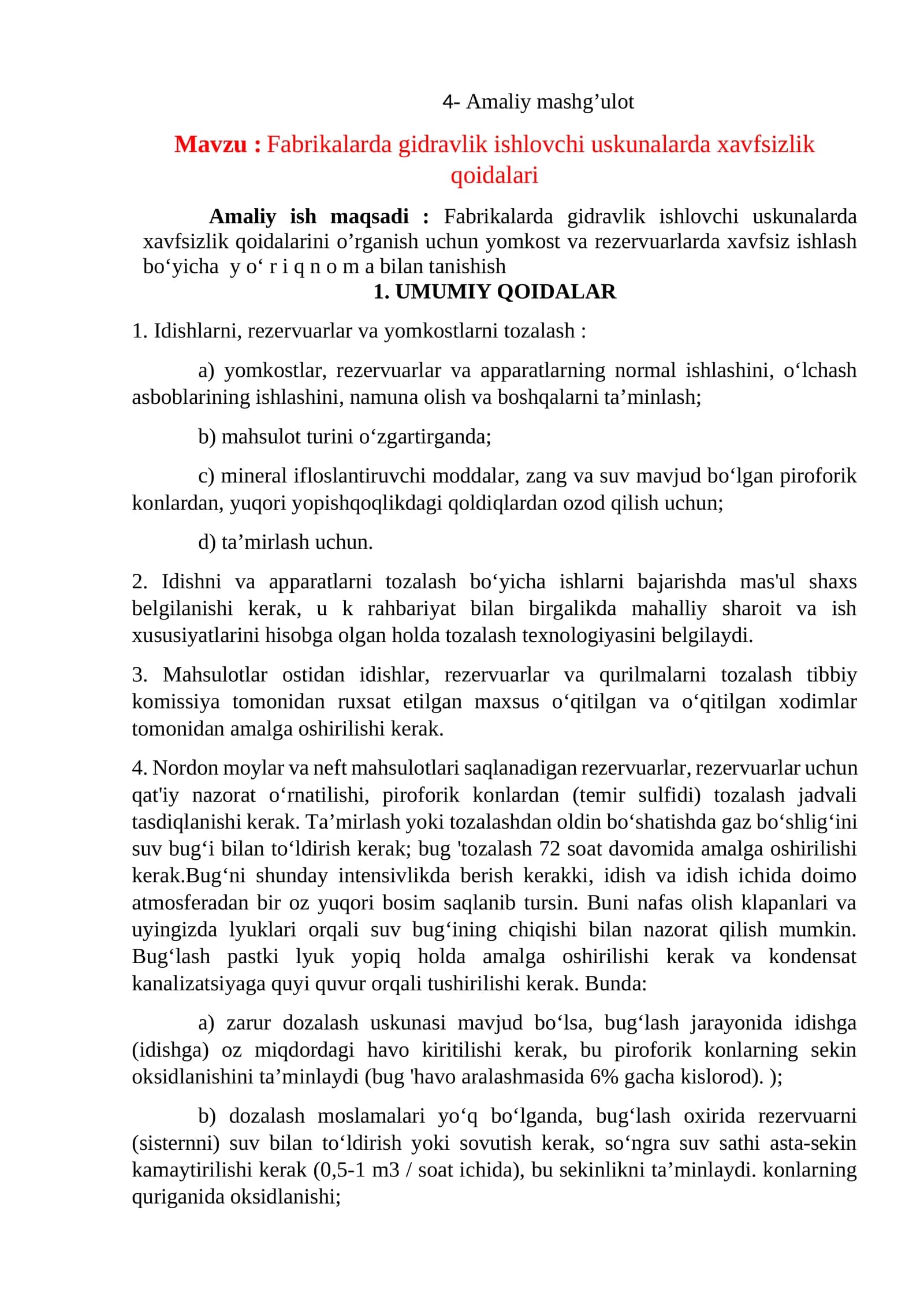 Fabrikalarda Gidravlik Ishlovchi Uskunalarda Xavfsizlik Qoidalari