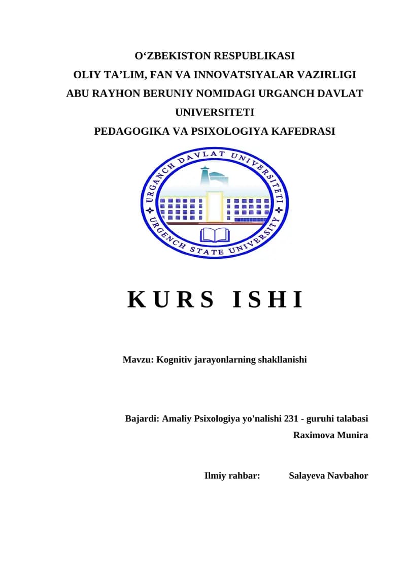 Kognitiv jarayonlarning shakllanishi  kurss ishi  Когнитив жарайонларни шакилланиши