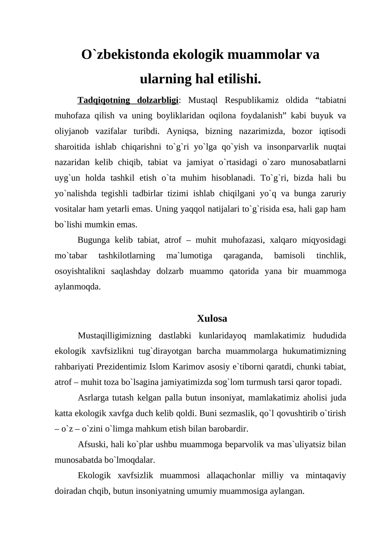 Ekologik muammolar va ularning hal etilishi