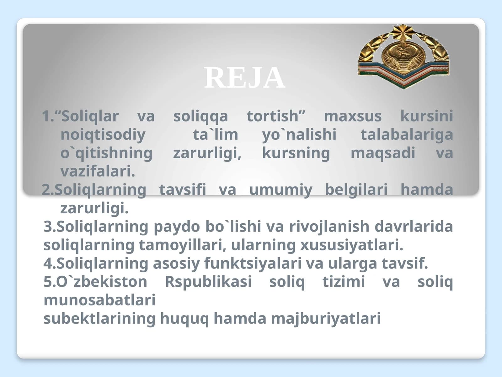“Soliqlar va soliqqa tortish”