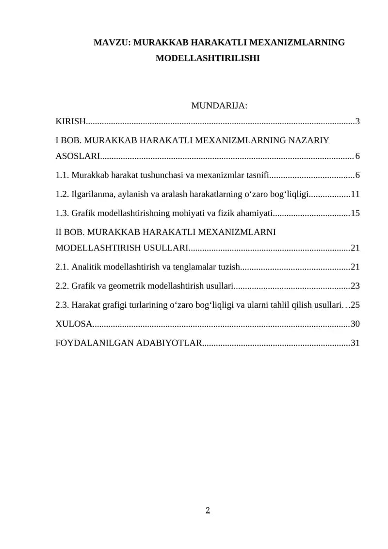 MURAKKAB HARAKATLI MEXANIZMLARNING MODELLASHTIRILISHI