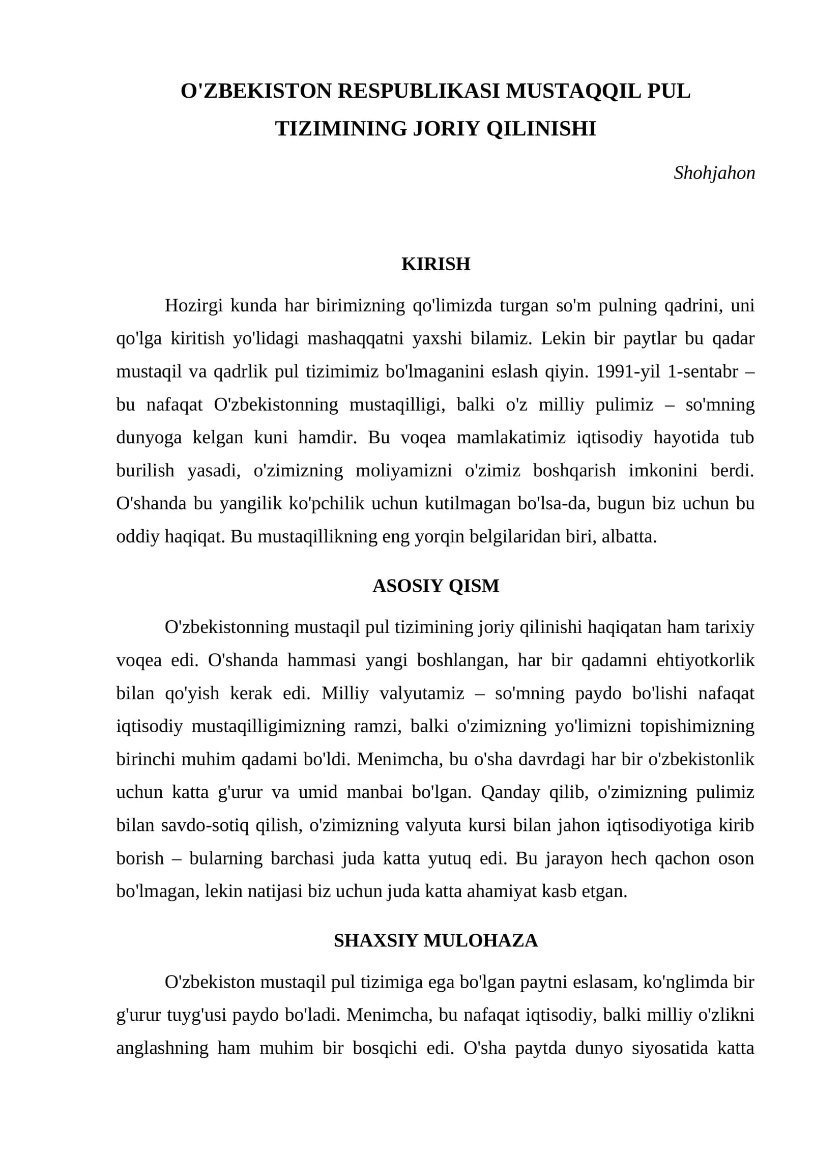 O'ZBEKISTON RESPUBLIKASI MUSTAQQIL PUL TIZIMINING JORIY QILINISHI