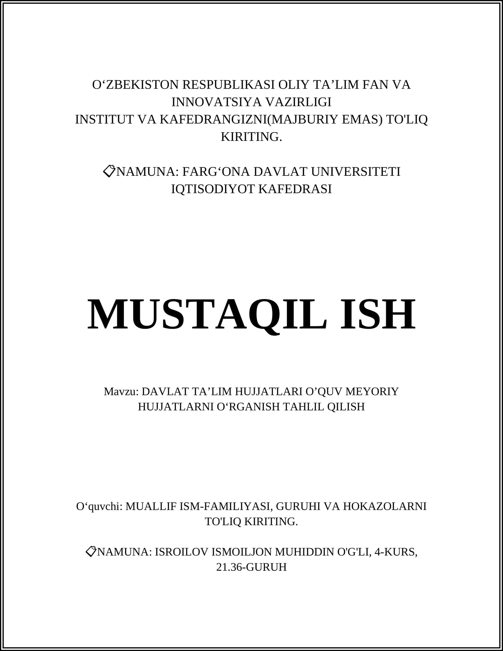 DAVLAT TAʼLIM HUJJATLARI OʼQUV MEYORIY HUJJATLARNI OʻRGANISH TAHLIL QILISH