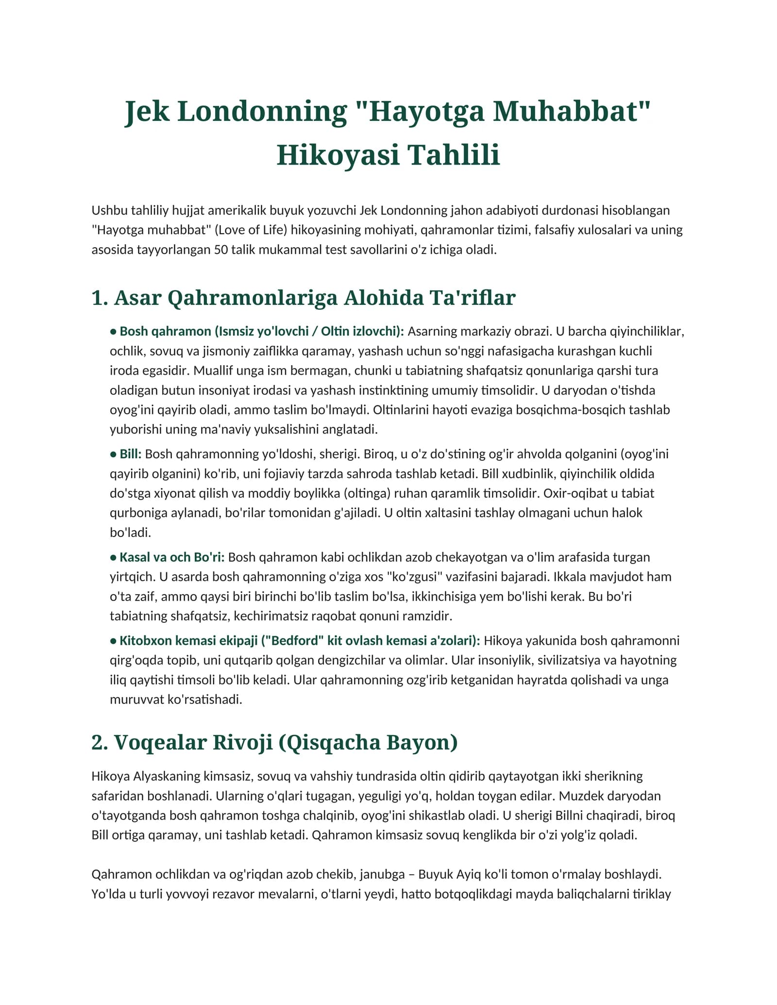 Jek Londonning "Hayotga Muhabbat" Hikoyasi Tahlili