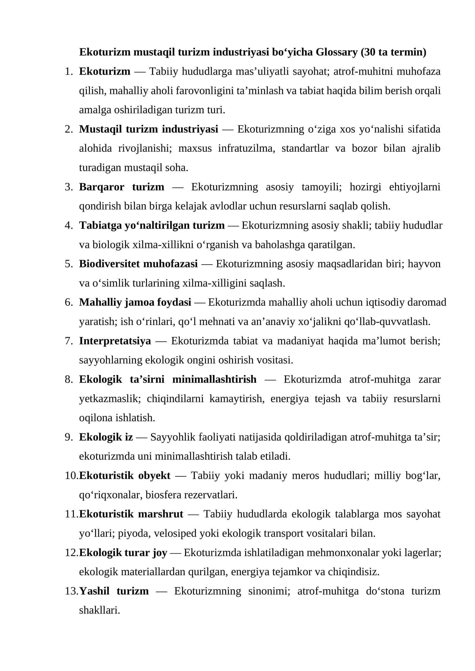 Ekoturizm mustaqil turizm industriyasi bo‘yicha Glossary (30 ta termin)