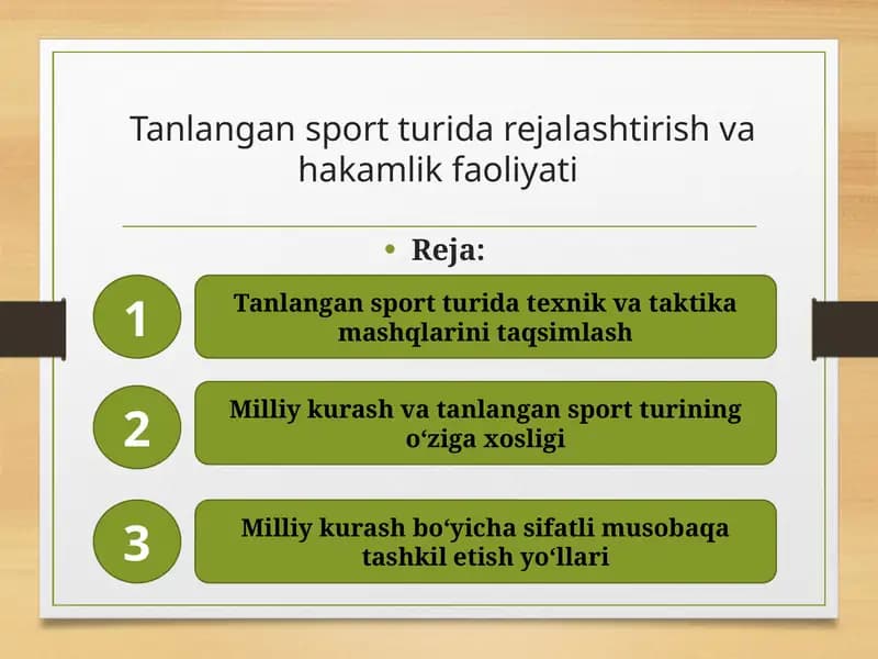 Tanlangan sport turida rejalashtirish va hakamlik faoliyati