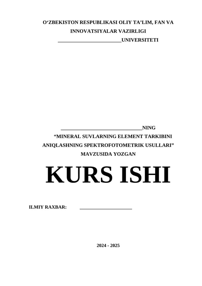 "MINERAL SUVLARNING ELEMENT TARKIBINI ANIQLASHNING SPEKTROFOTOMETRIK USULLARI"
