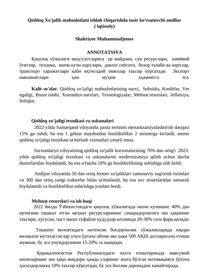 Qishloq Xo'jalik mahsulotlari