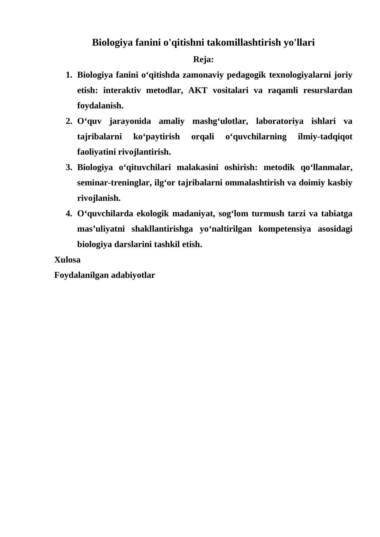 Biologiya fanini o'qitishni takomillashtirish yo'llari