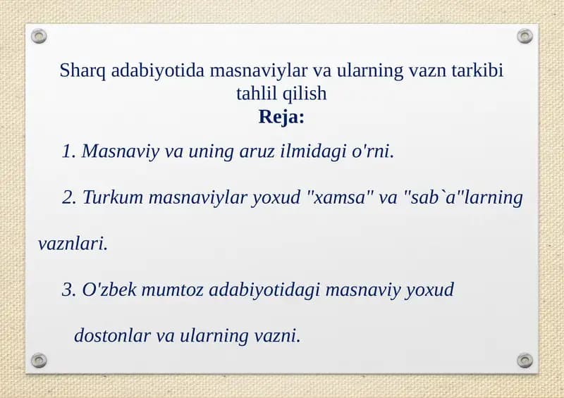 Sharq adabiyotida masnaviylar va ularning vazn tarkibi