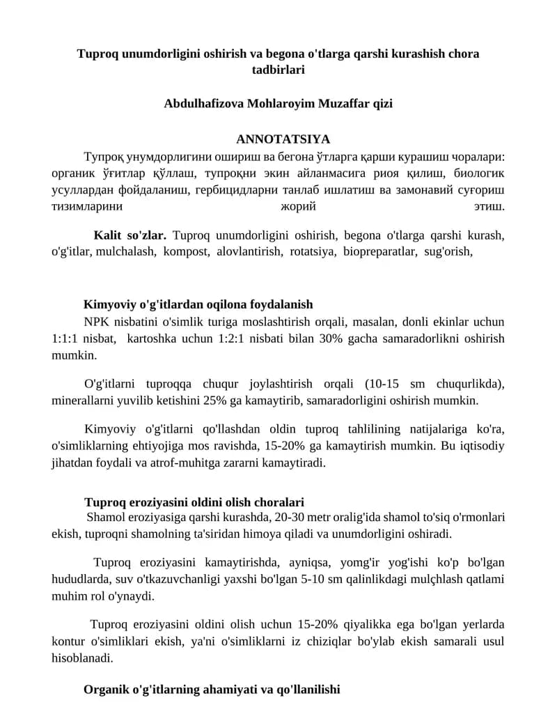 Tuproq unumdorligini oshirish va begona o'tlarga qarshi kurashish chora tadbirlari