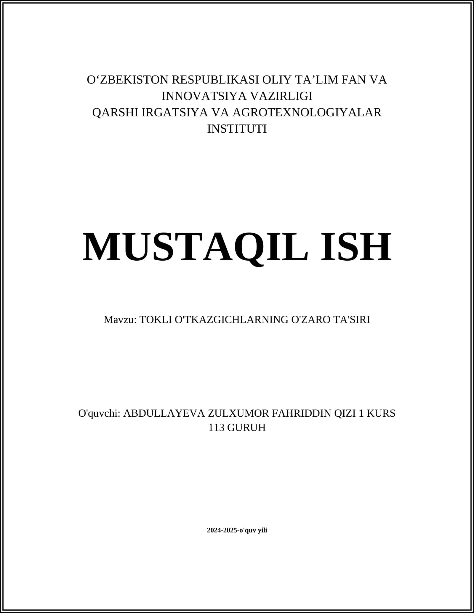 TOKLI O'TKAZGICHLARNING O'ZARO TA'SIRI