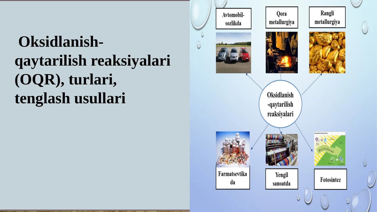 Oksidlanish-qaytarilish reaksiyalari (OQR), turlari,tenglash usullari