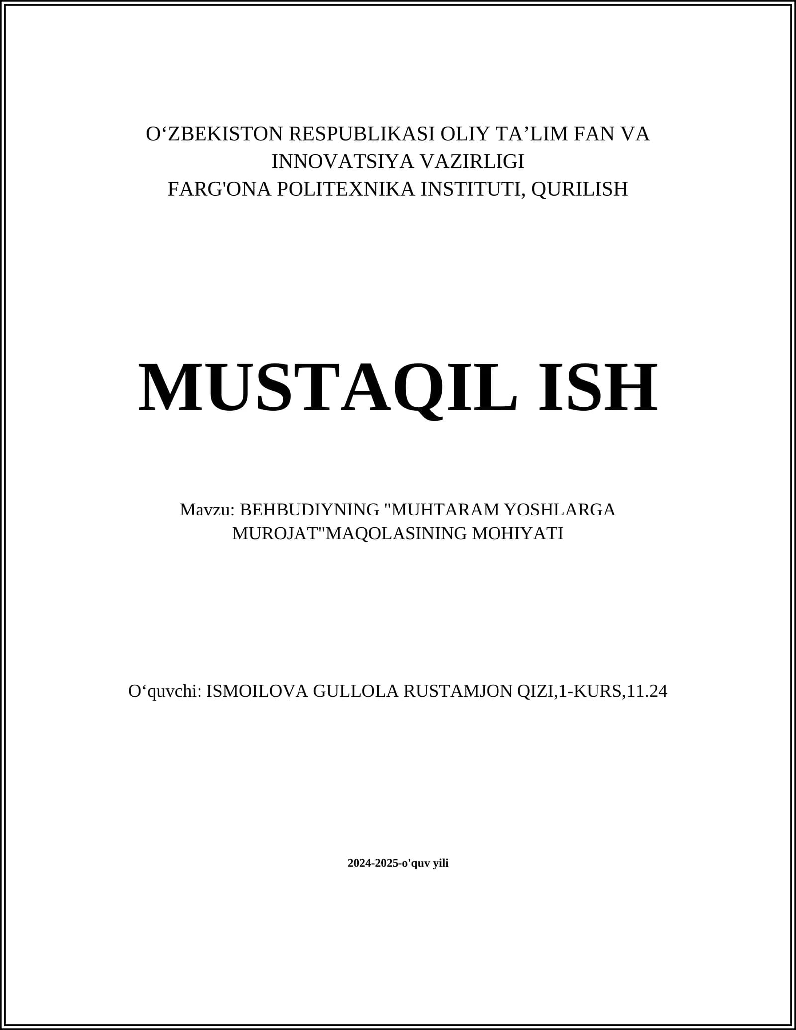 BEHBUDIYNING "MUHTARAM YOSHLARGA MUROJAT"MAQOLASINING MOHIYATI