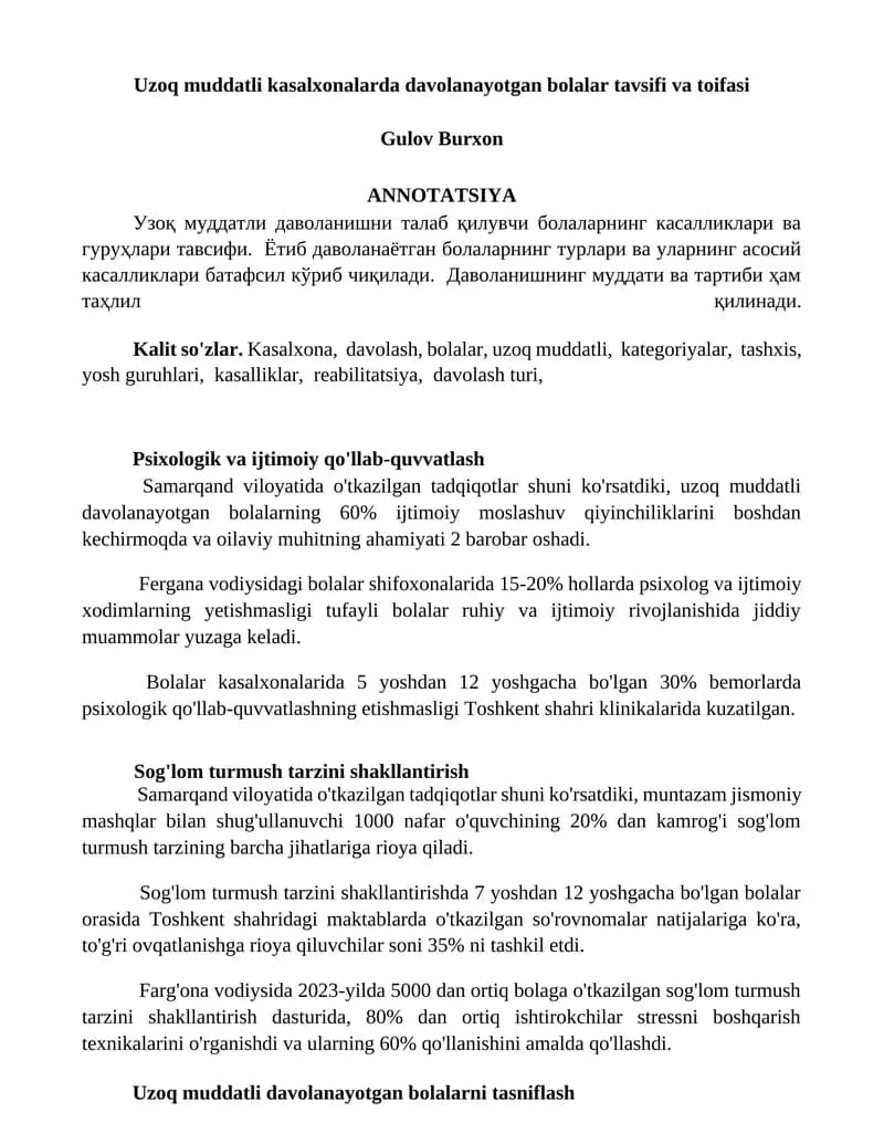 Uzoq muddatli kasalxonalarda davolanayotgan bolalar tavsifi va toifasi