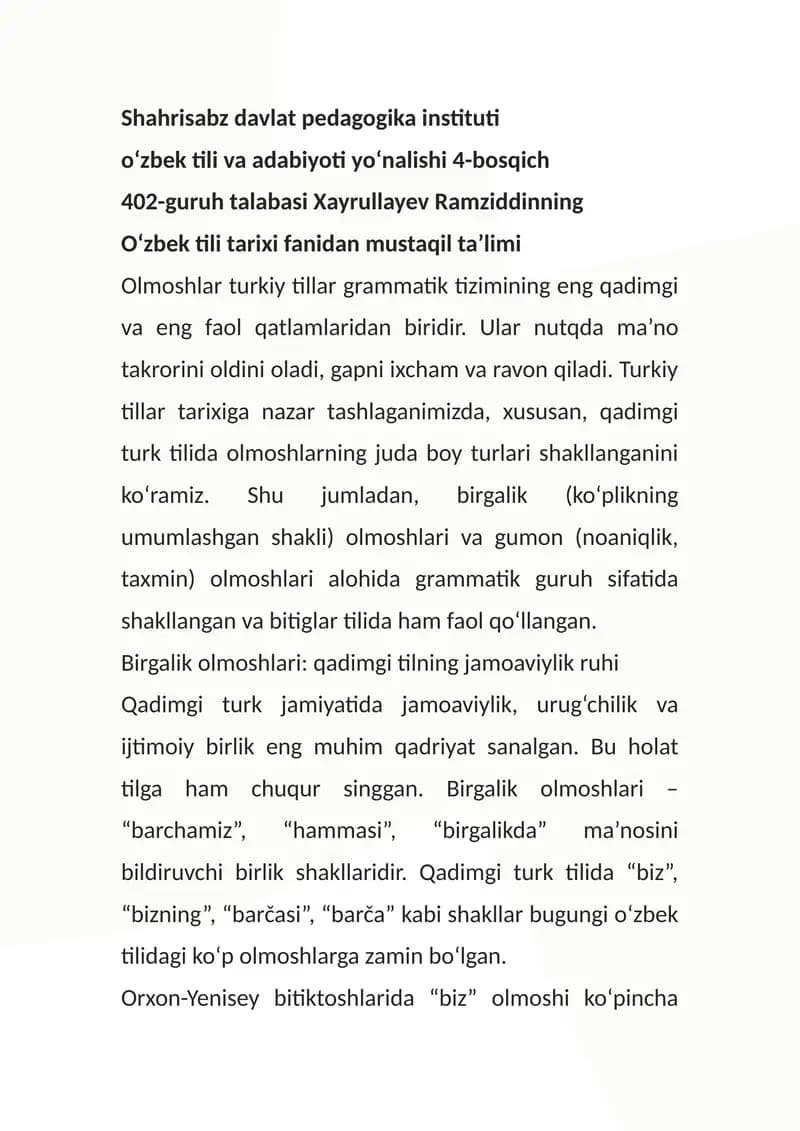 Olmoshlar turkiy tillar grammatik tizimi