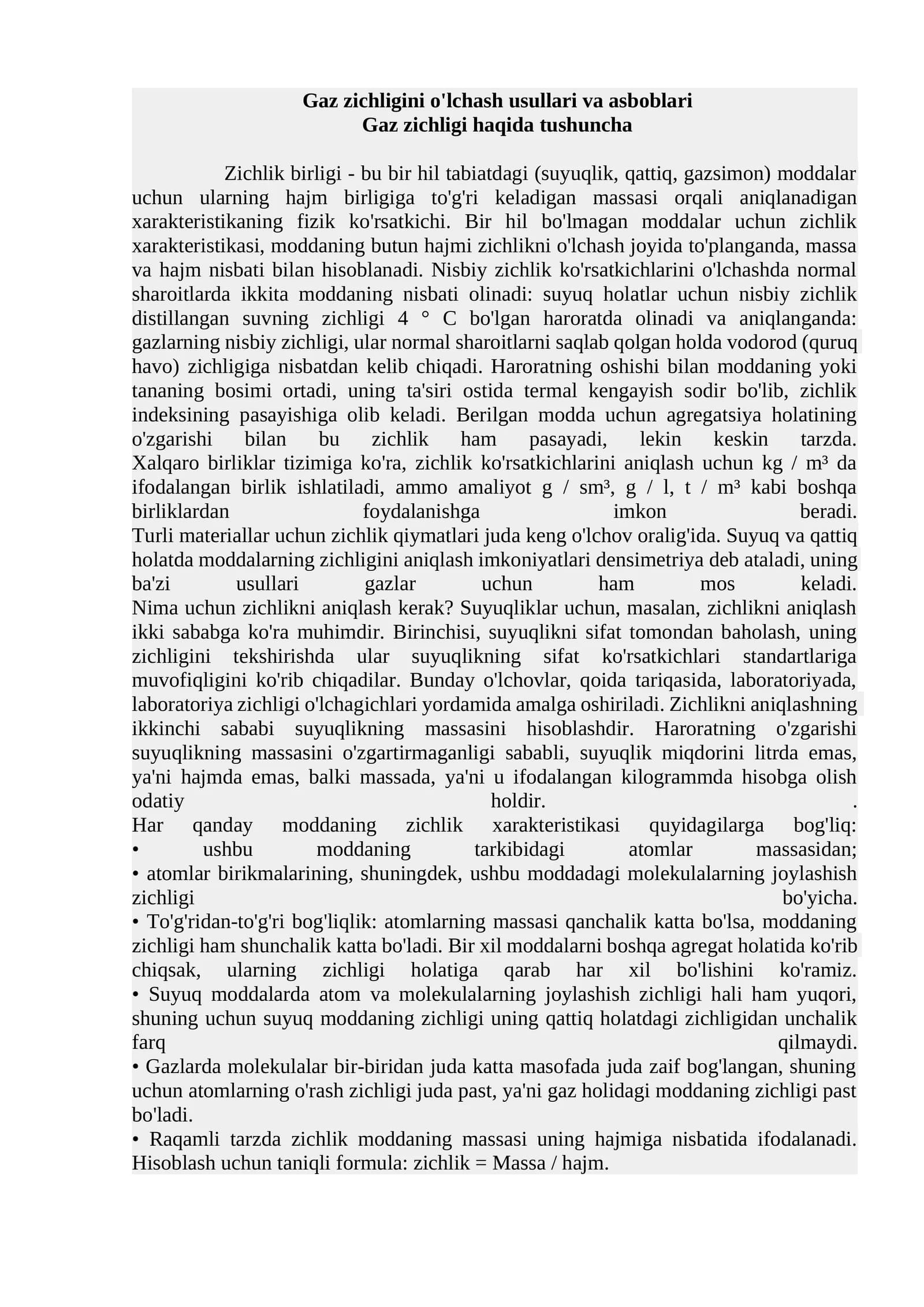 Gaz zichligini o'lchash usullari va asboblari