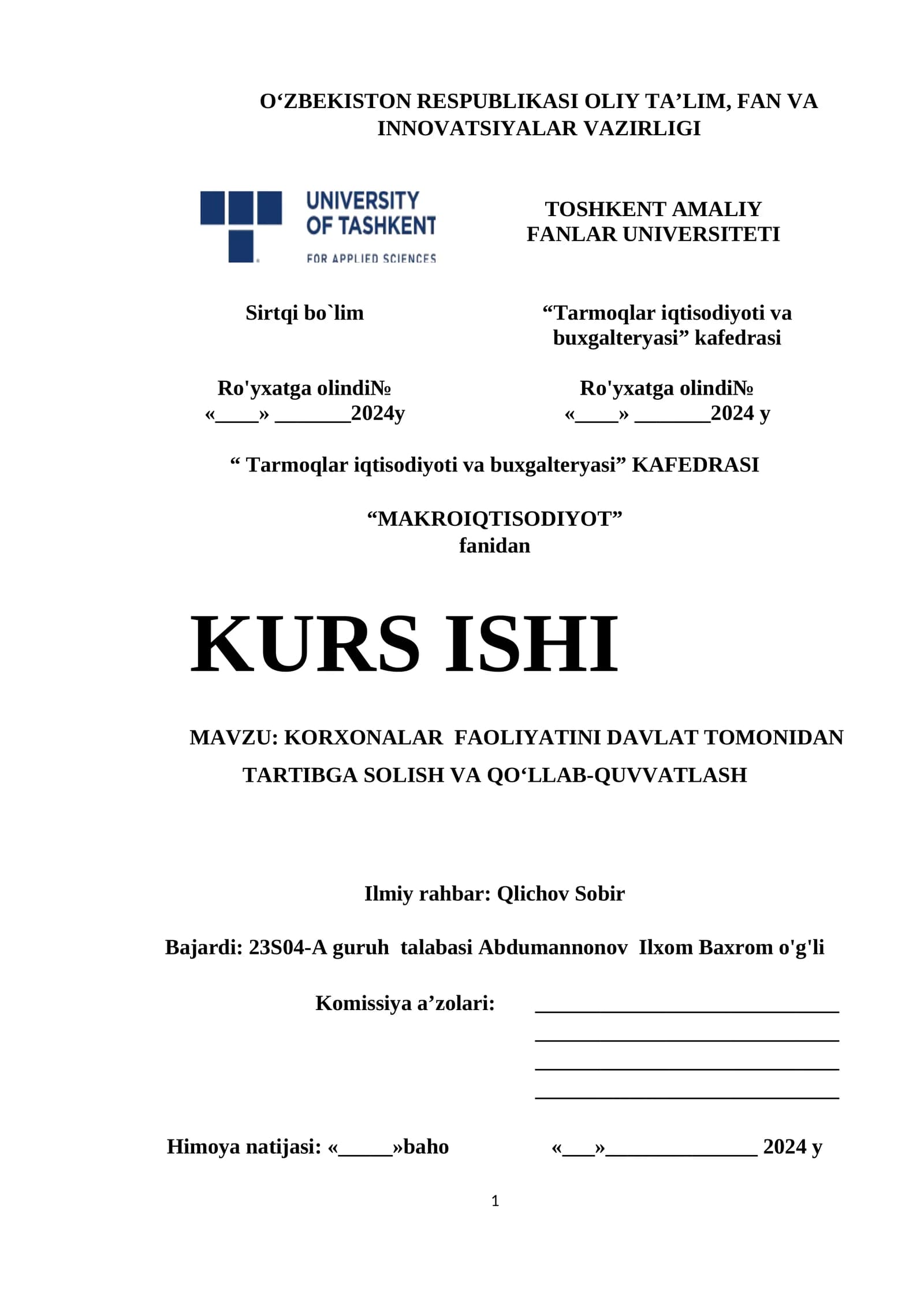 KORXONALAR FAOLIYATINI DAVLAT TOMONIDAN TARTIBGA SOLISH VA QOʻLLAB-QUVVATLASH