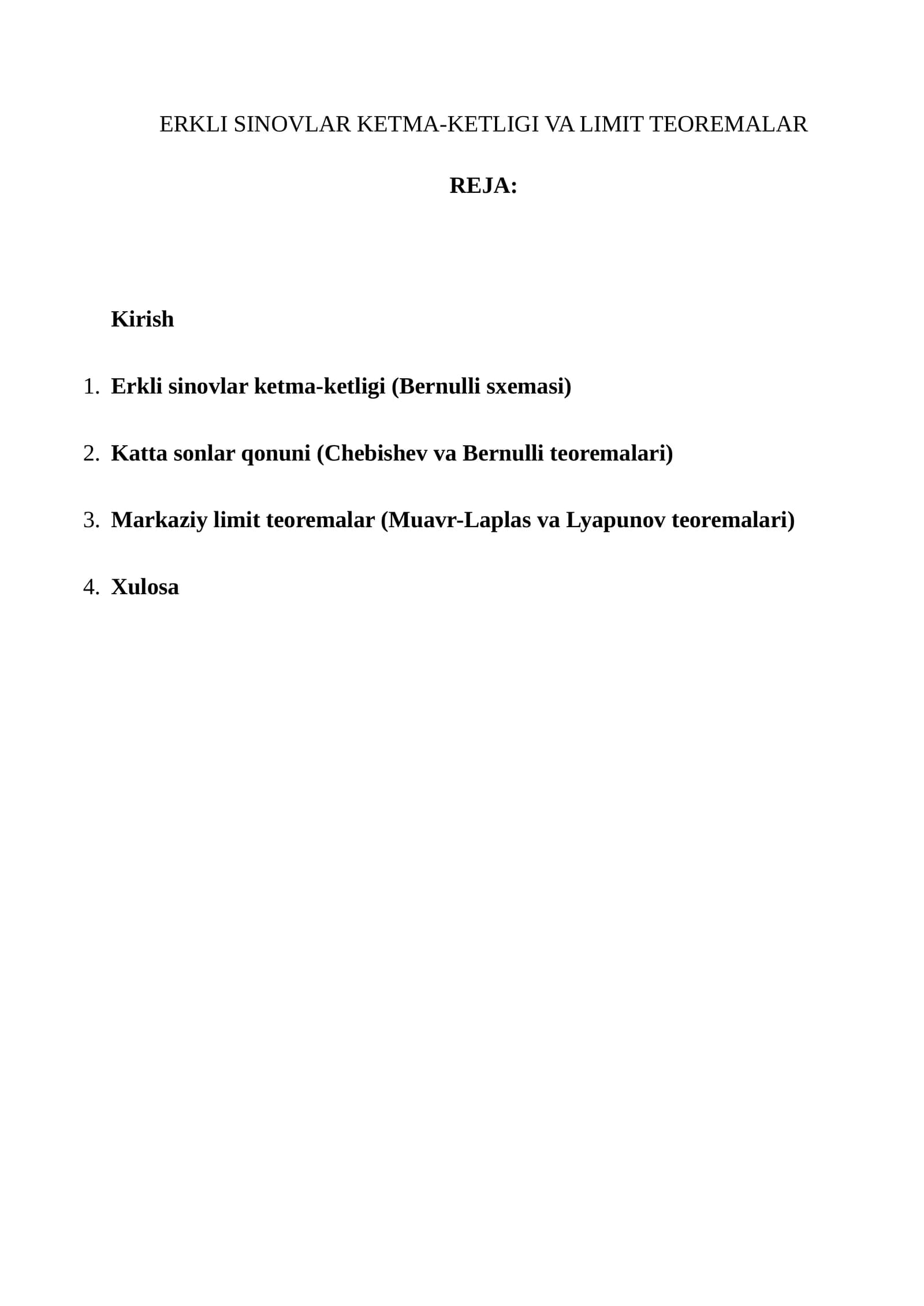 ERKLI SINOVLAR KETMA-KETLIGI VA LIMIT TEOREMALAR