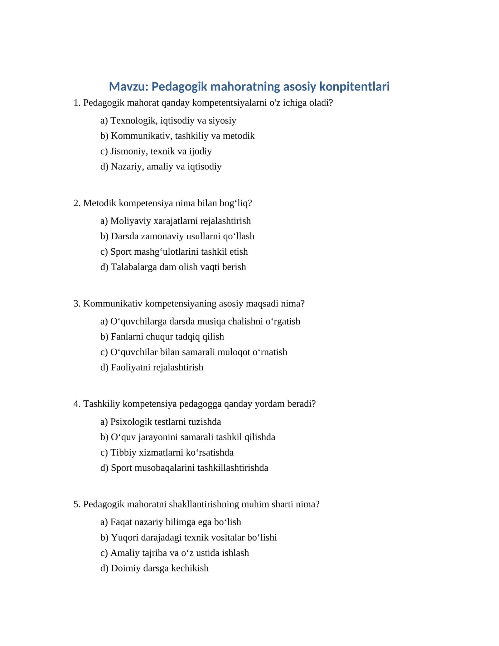 Pedagogik mahoratning asosiy konpitentlari