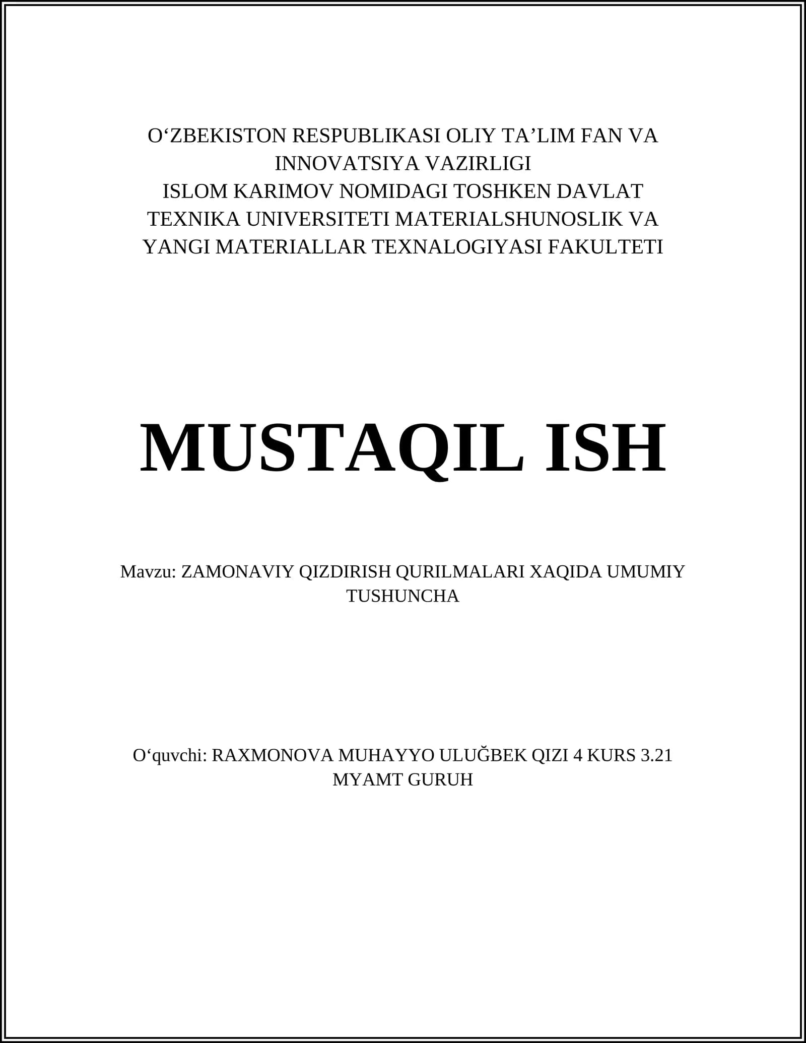 ZAMONAVIY QIZDIRISH QURILMALARI XAQIDA UMUMIY TUSHUNCHA