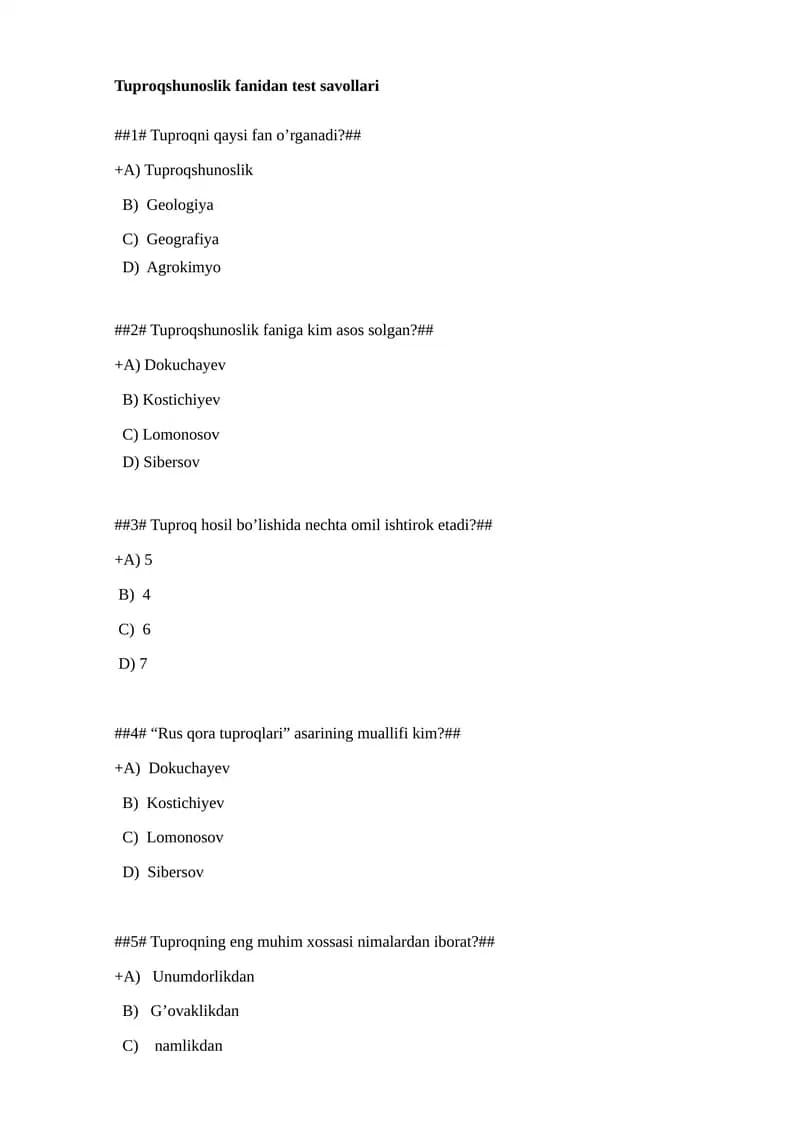 Tuprоqshunоslik fanidan test savоllari