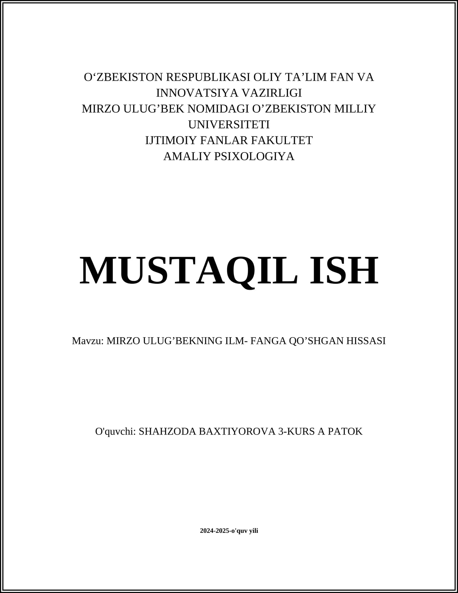 MIRZO ULUG’BEKNING ILM- FANGA QO’SHGAN HISSASI