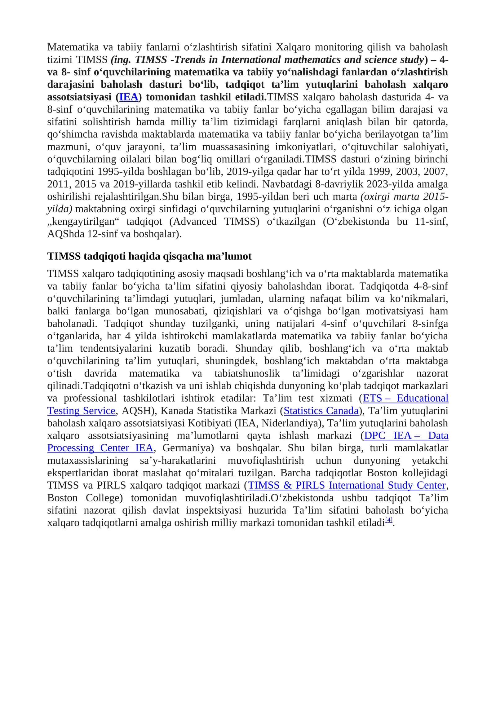 TIMSS (Trends in International Mathematics and Science Study)