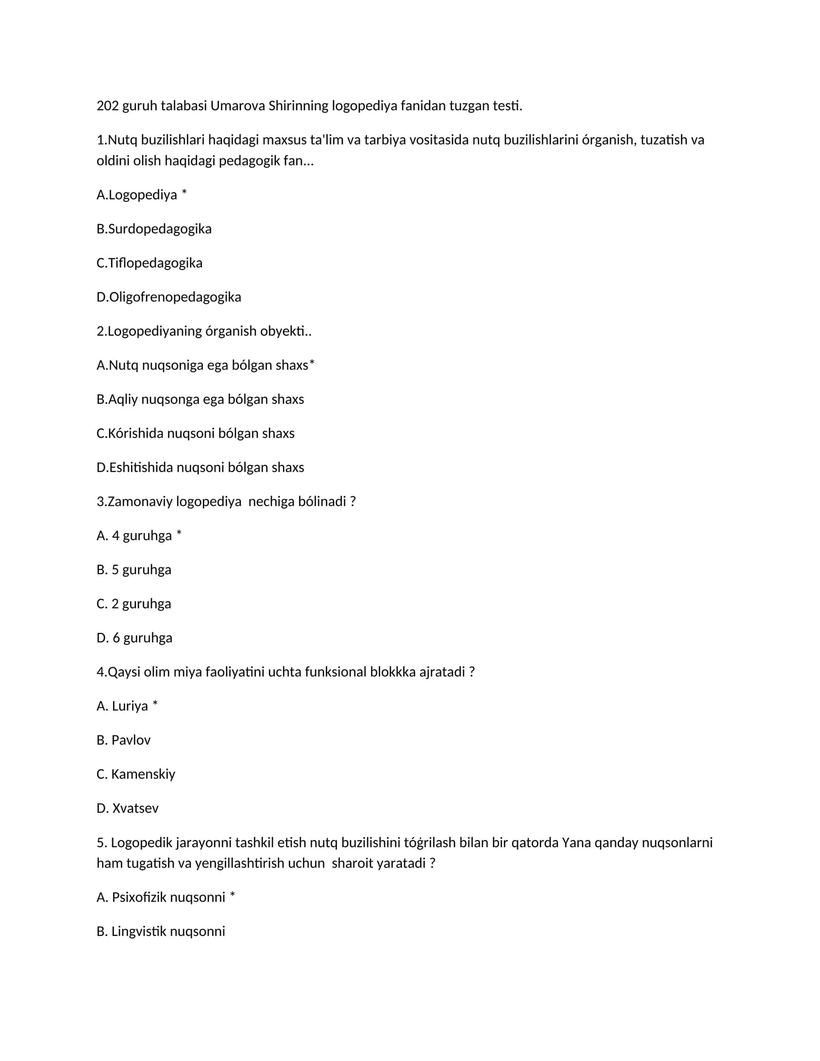 Logopediya fanidan tuzgan testi