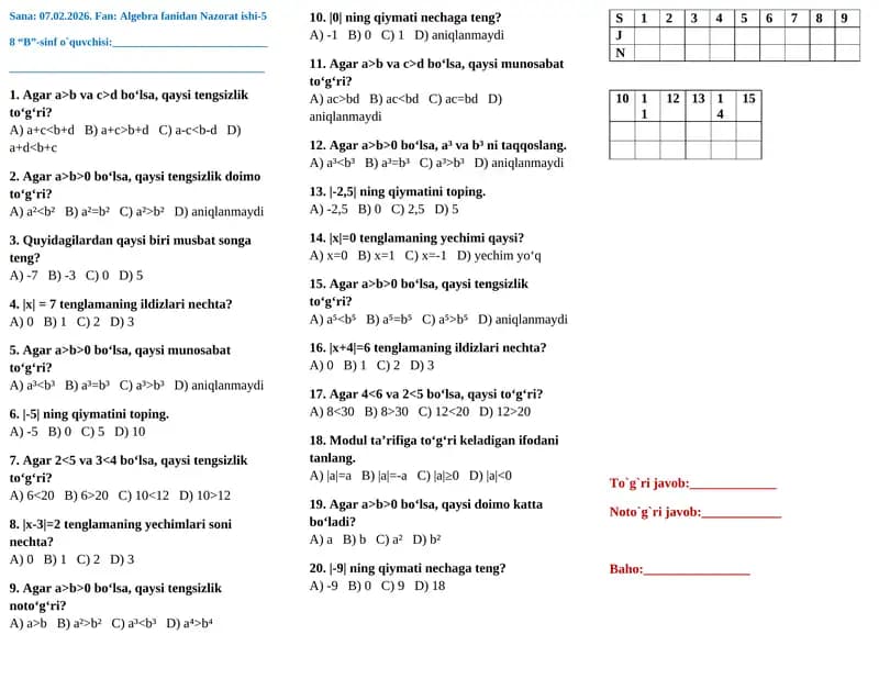 Algebra fanidan Nazorat ishi-5