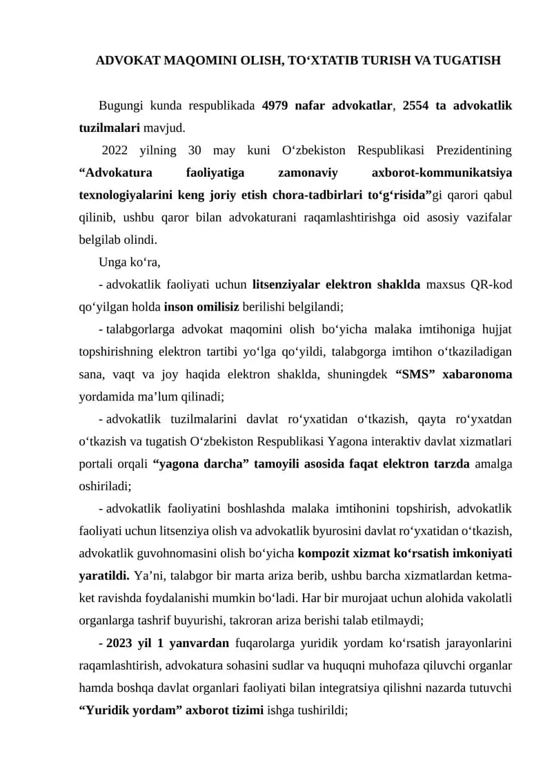 ADVOKAT MAQOMINI OLISH, TO‘XTATIB TURISH VA TUGATISH