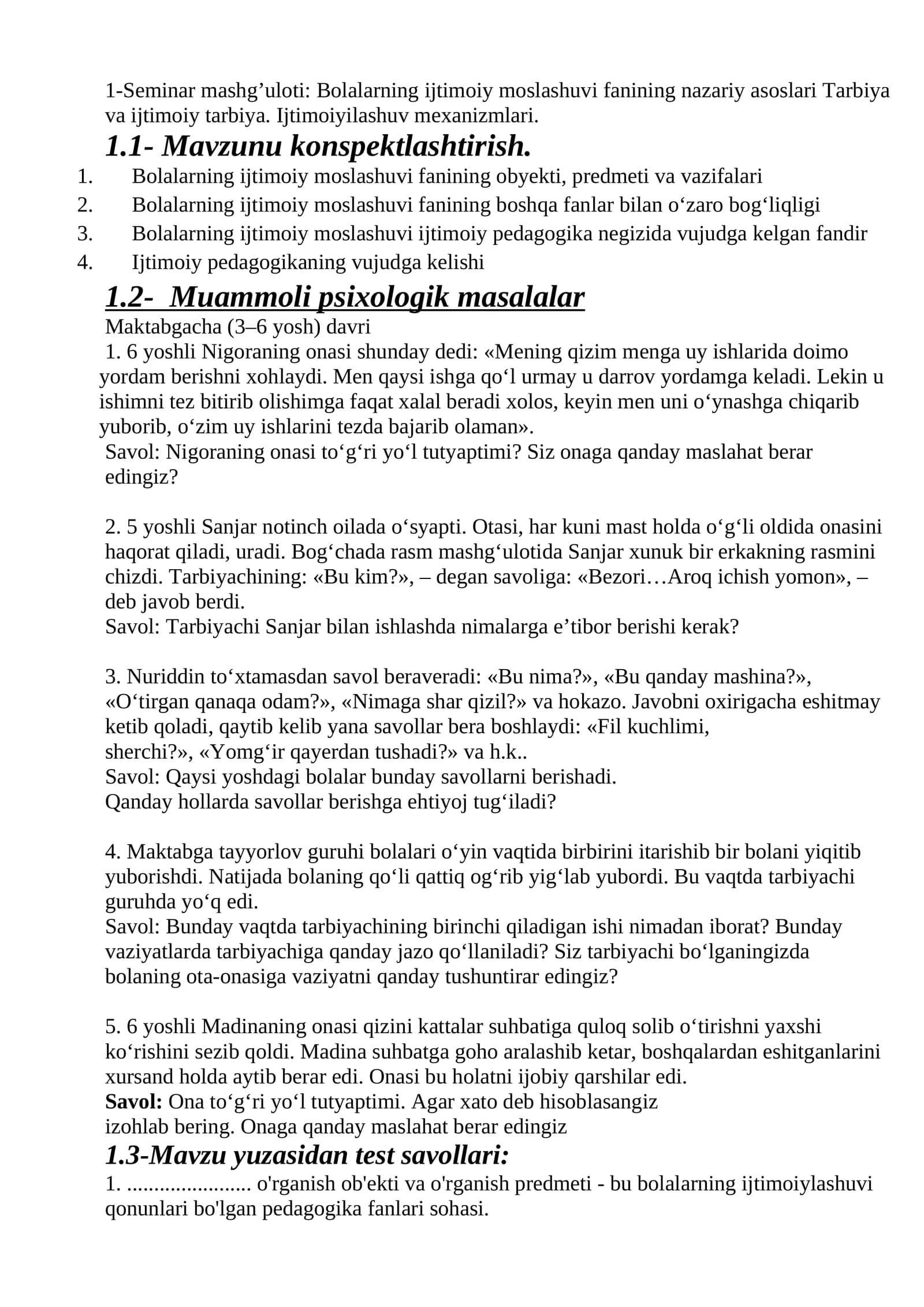 Seminar mashg’uloti: Bolalarning ijtimoiy moslashuvi fanining nazariy asoslari Tarbiya va ijtimoiy tarbiya. Ijtimoiyilashuv mexanizmlari