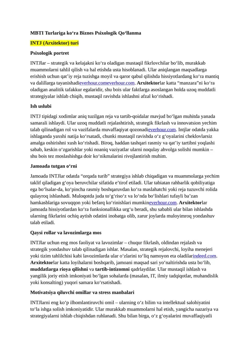 MBTI Turlariga ko‘ra Biznes Psixologik Qo‘llanma