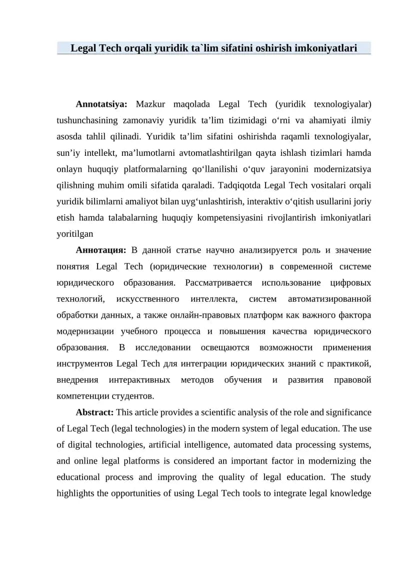 Legal Tech orqali yuridik ta`lim sifatini oshirish imkoniyatlari
