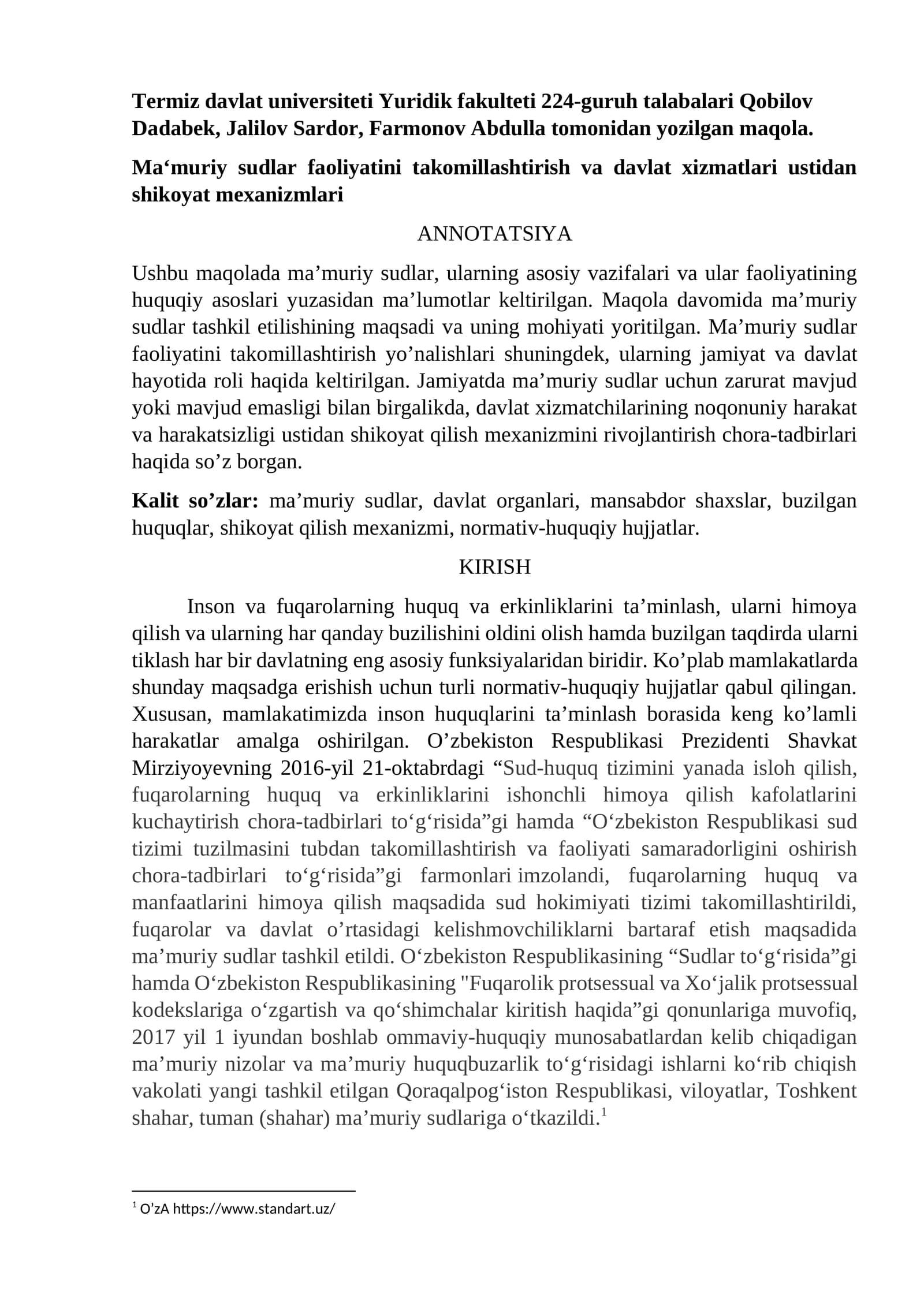 Ma‘muriy sudlar faoliyatini takomillashtirish va davlat xizmatlari ustidan shikoyat mexanizmlari