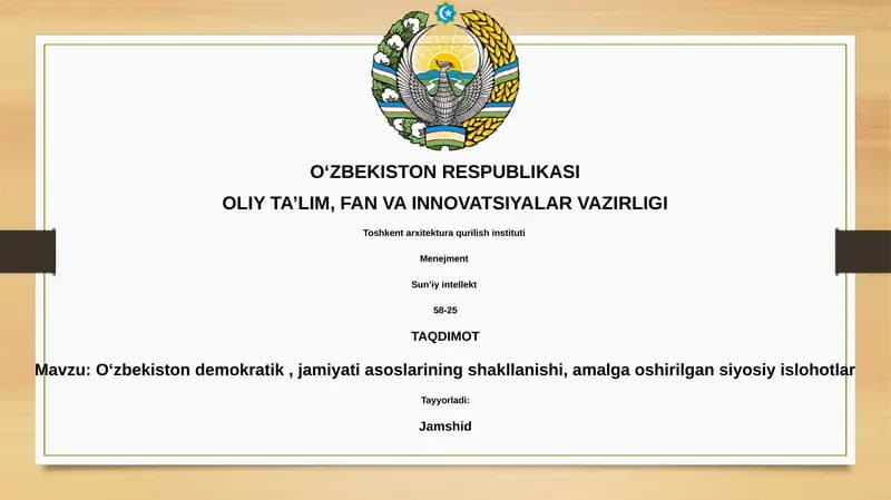 Oʻzbekiston demokratik, jamiyati asoslarining shakllanishi, amalga oshirilgan siyosiy islohotlar