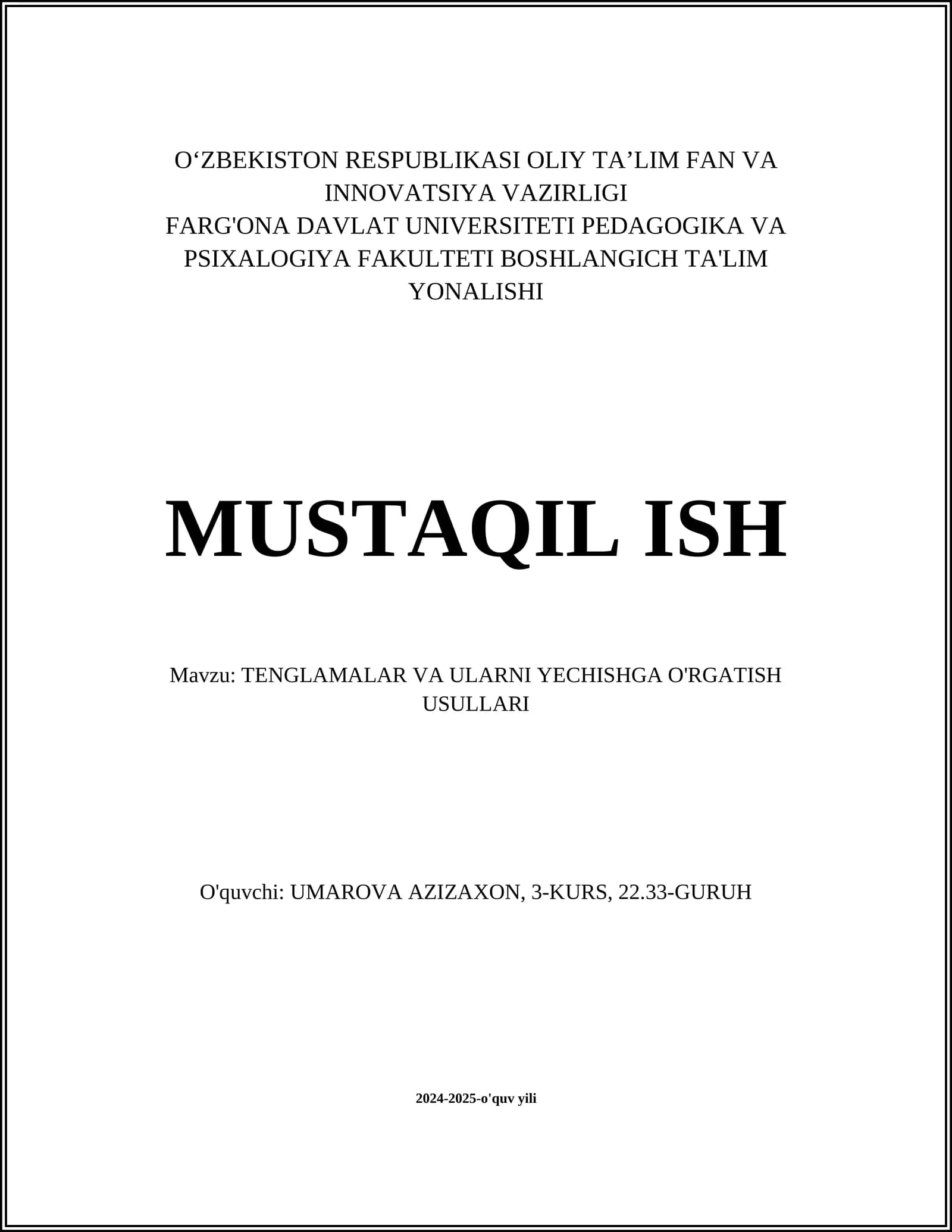 TENGLAMALAR VA ULARNI YECHISHGA O'RGATISH USULLARI