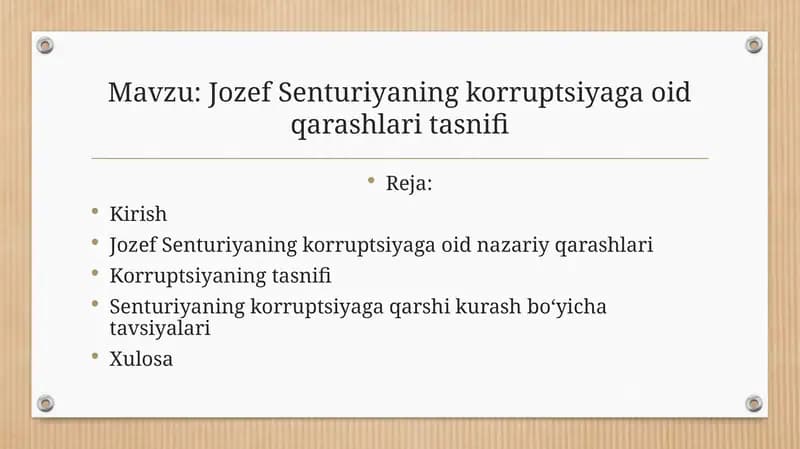 Jozef Senturiyaning korruptsiyaga oid qarashlari tasnifi
