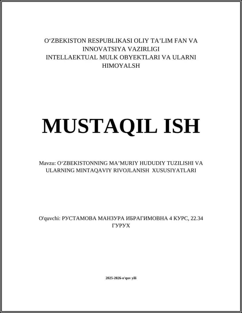 O‘ZBEKISTONNING MA’MURIY HUDUDIY TUZILISHI VA ULARNING MINTAQAVIY RIVOJLANISH XUSUSIYATLARI