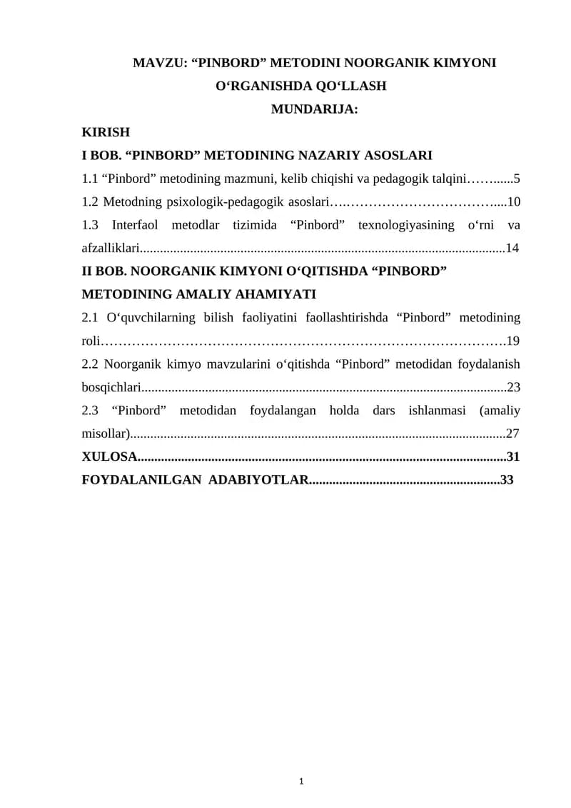 “PINBORD” METODINI NOORGANIK KIMYONI O‘RGANISHDA QO‘LLASH