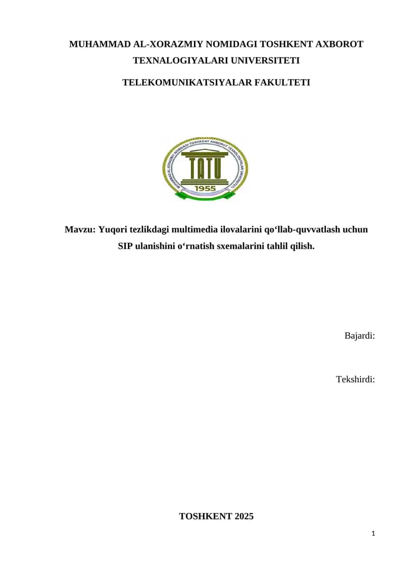 Yuqori tezlikdagi multimedia ilovalarini qo‘llab-quvvatlash uchun SIP ulanishini o‘rnatish sxemalarini tahlil qilish.