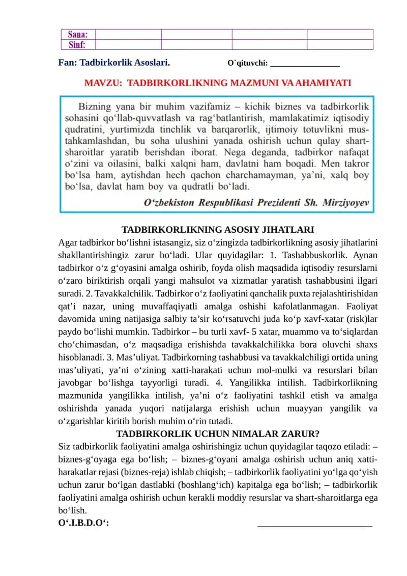 Tadbirkorlikning Mazmuni va Ahmiyati