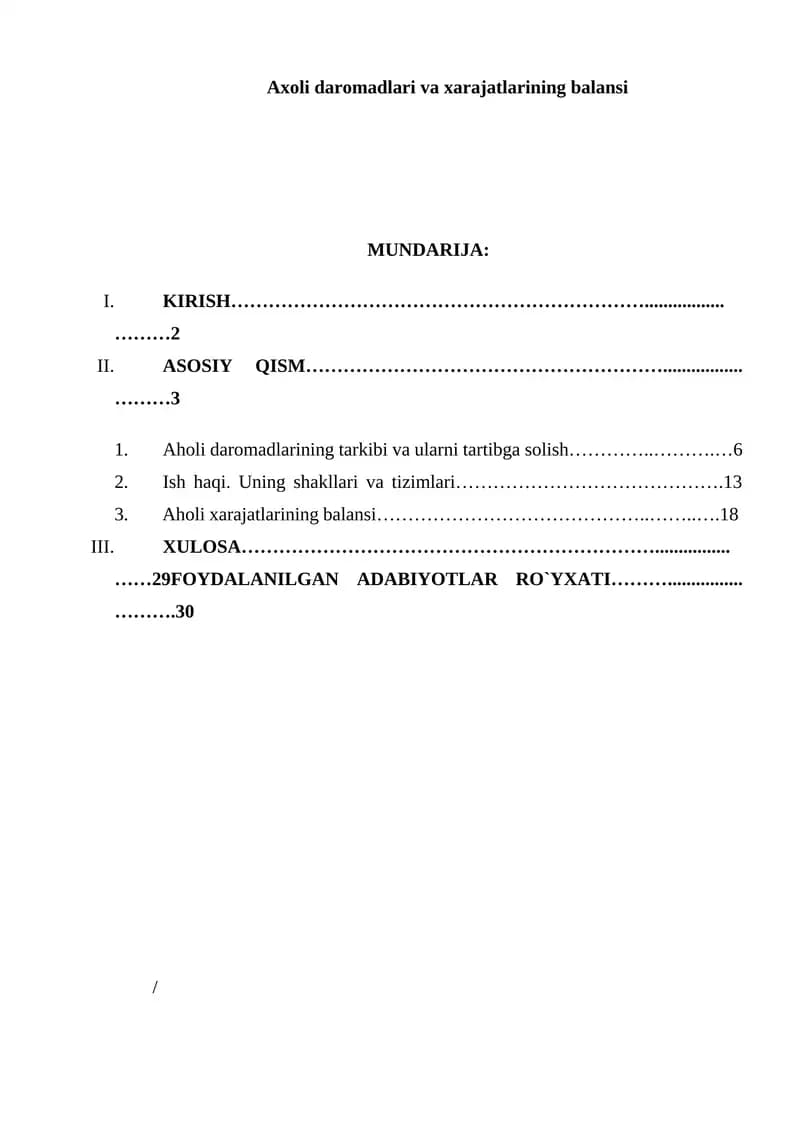 Axoli daromadlari va xarajatlarining balansi