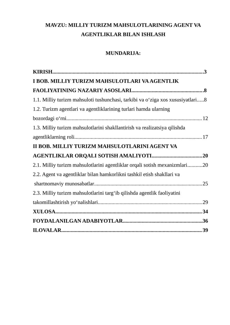 MILLIY TURIZM MAHSULOTLARINING AGENT VA AGENTLIKLAR BILAN ISHLASH