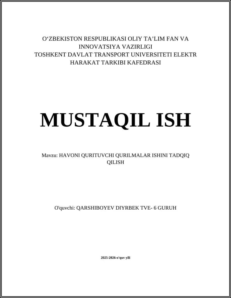 HAVONI QURITUVCHI QURILMALAR ISHINI TADQIQ QILISH