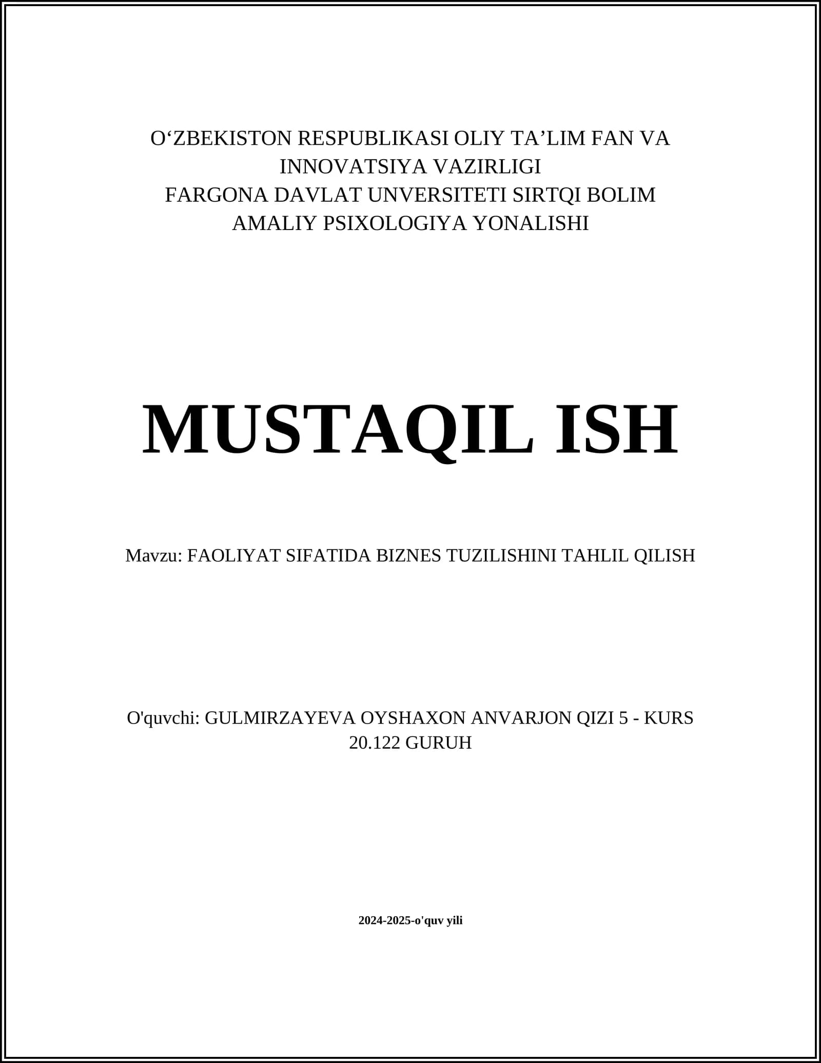FAOLIYAT SIFATIDA BIZNES TUZILISHINI TAHLIL QILISH