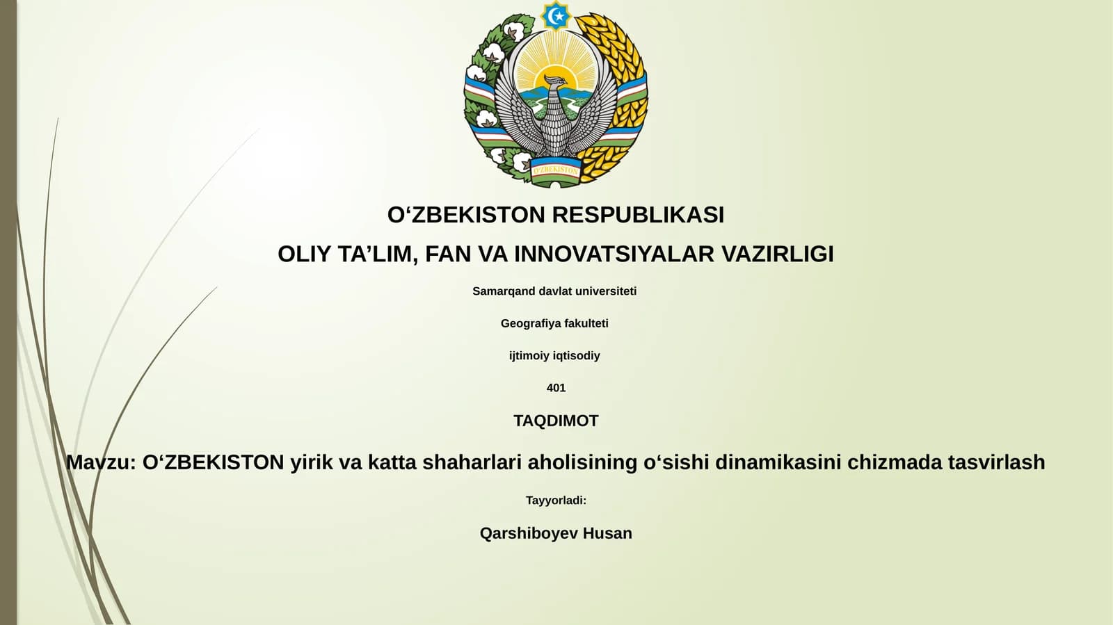 OʻZBEKISTON yirik va katta shaharlari aholisining oʻsishi dinamikasini chizmada tasvirlash