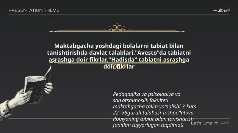 Toshpoʻlatova Robiyaning tabiat bilan tanishtirish fanidan tayyorlagan taqdimoti