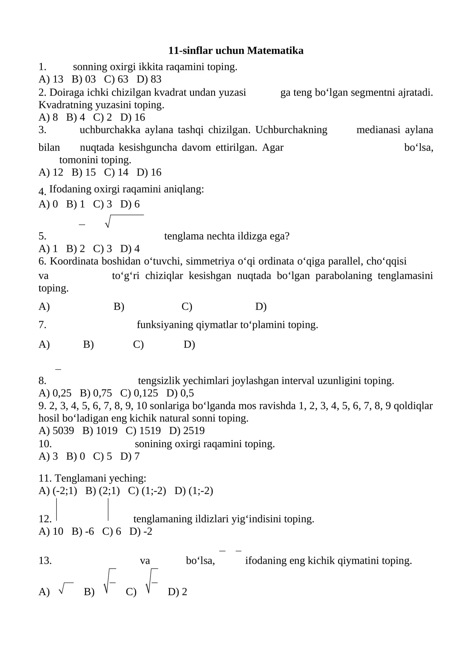 11-sinflar uchun Matematika