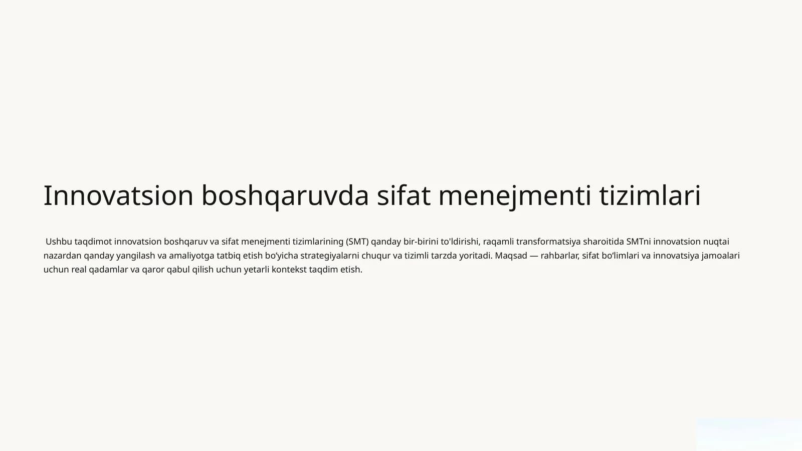 Innovatsion boshqaruvda sifat menejmenti tizimlari